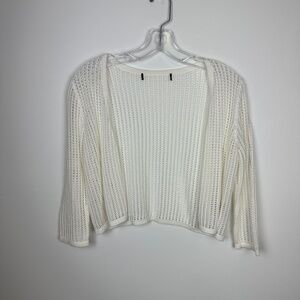 White Cropped Open Knit Vertical Ribbed Open Front Lightweight Cardigan
